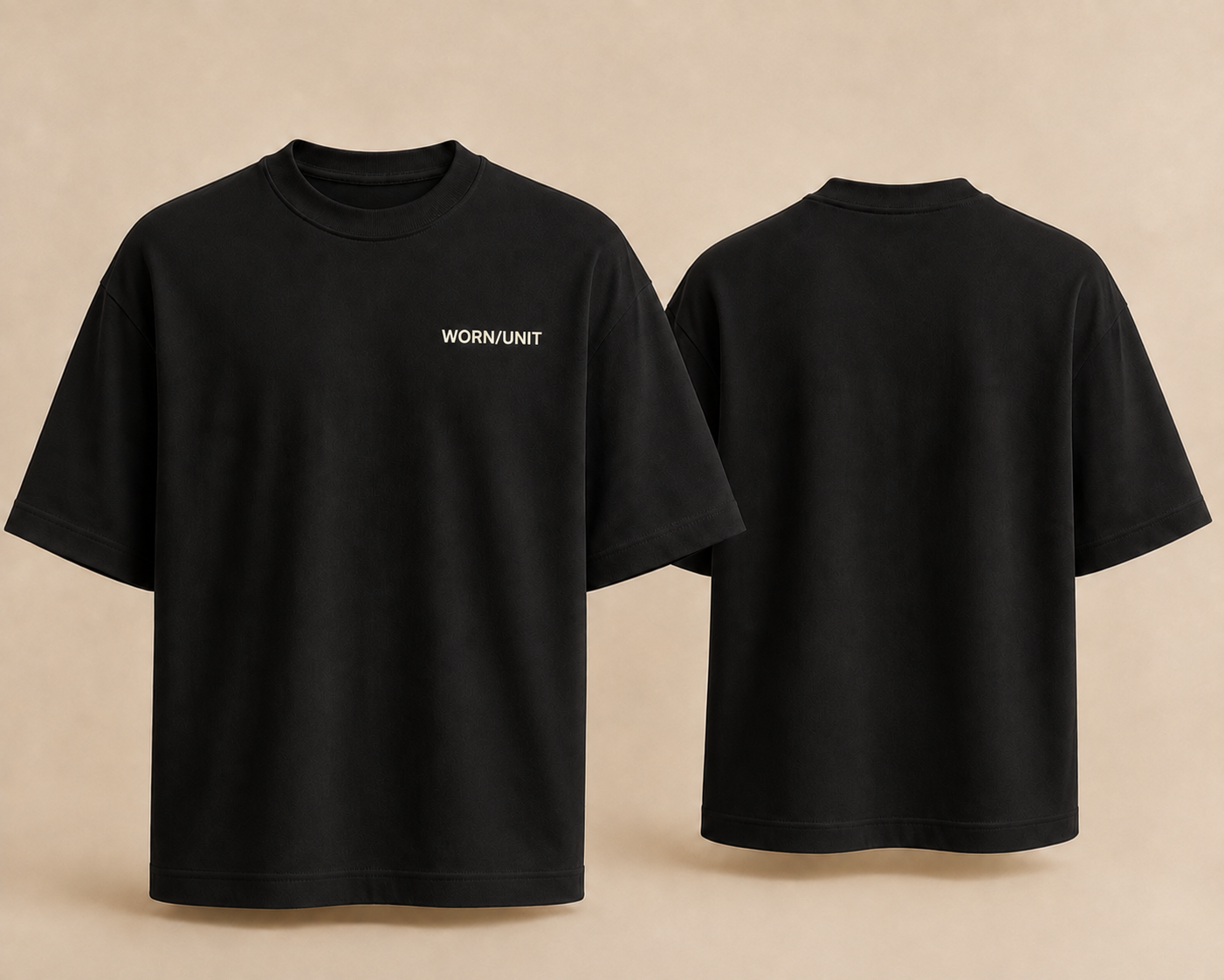Black WORN UNIT T-shirt shown from the front and back